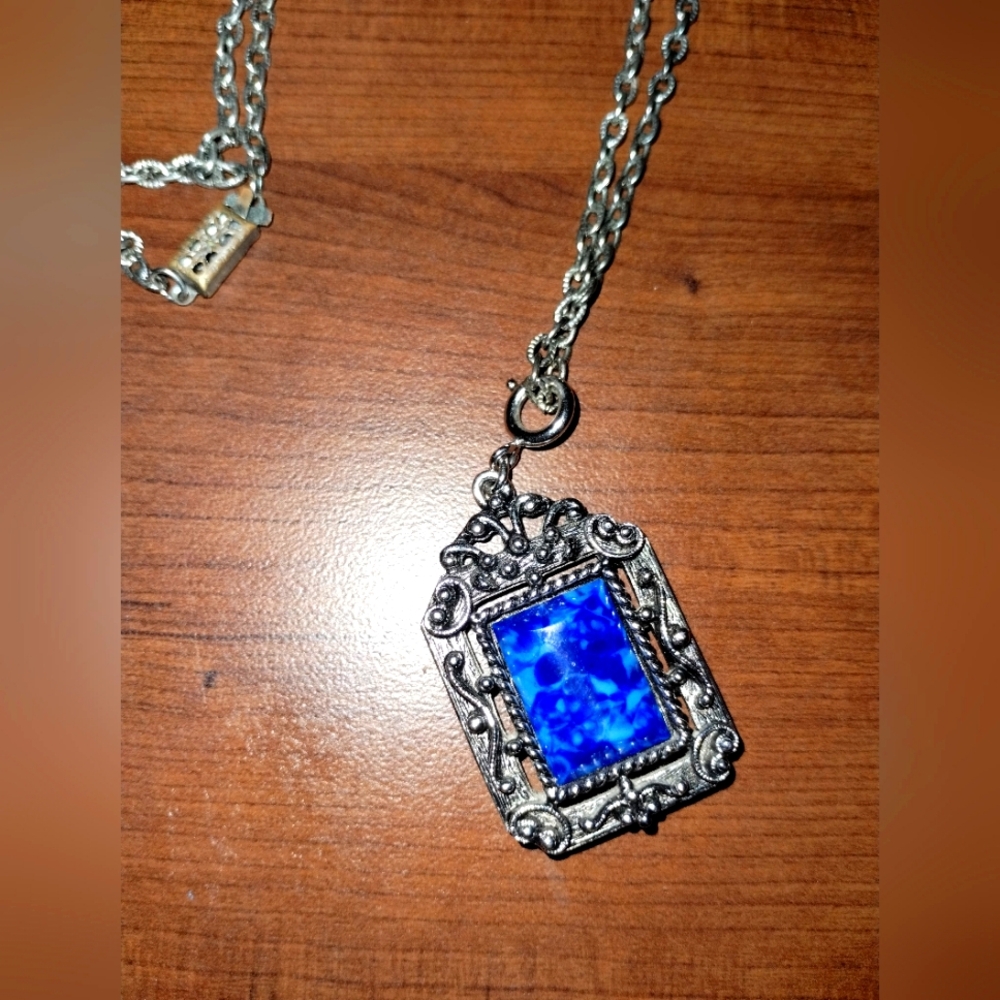 Vintage Sarah Coventry Double Silver Chain Necklace Blue Marble Cross Pendant